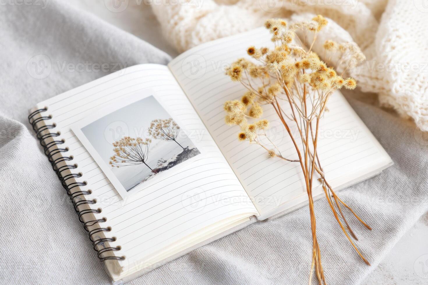 Open notebook with photo and dried flowers resting on soft blanket