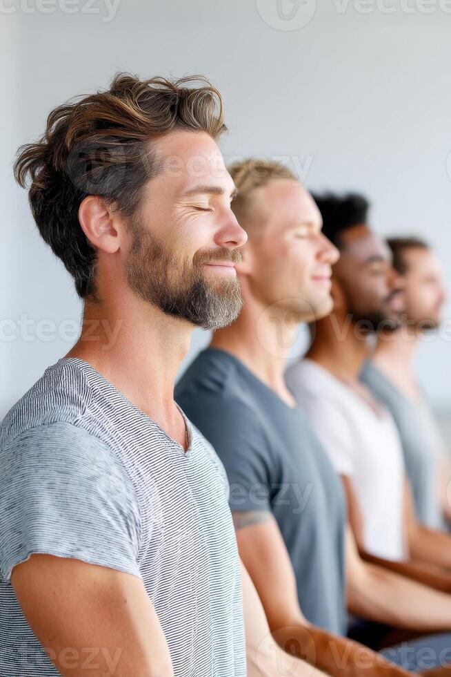 Group of multi-ethnic men practicing yoga and meditating together photo