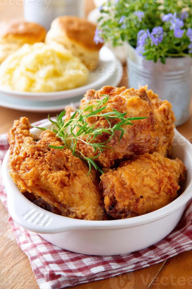 Crispy fried chicken served with creamy mashed potatoes and biscuits on a wooden table with fresh herbs and flowers healthy eating concept photo