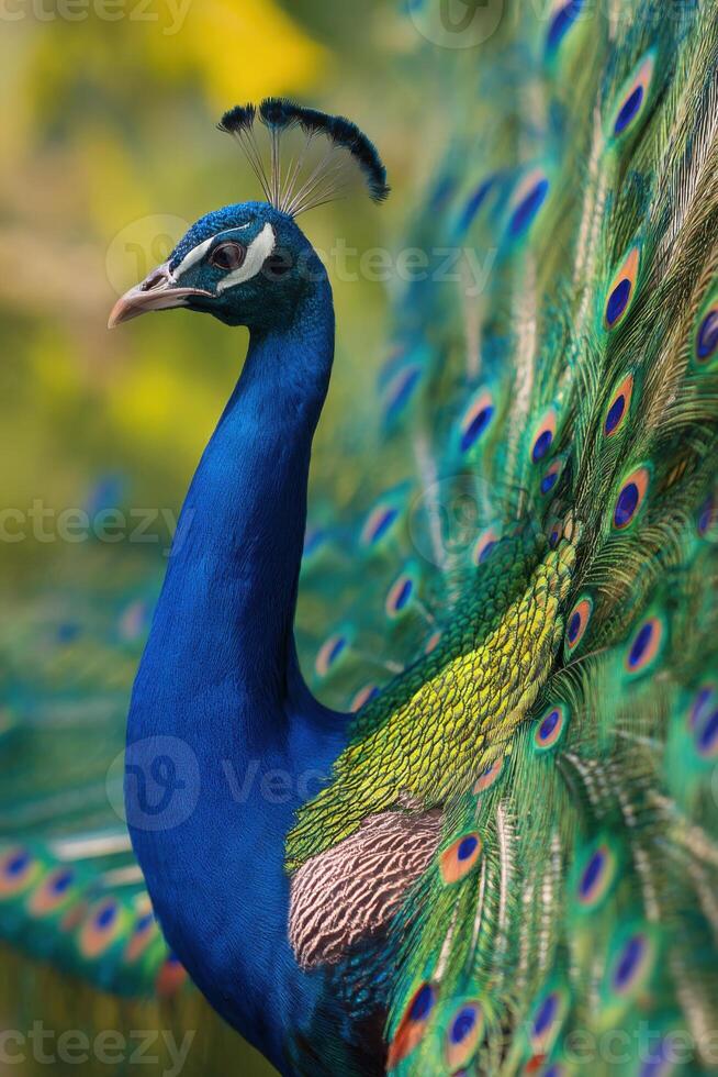 Vibrant peacock displaying its stunning plumage in a lush garden setting showcasing the beauty of nature and wildlife, colorful feathers, exotic bird, wildlife concept photo