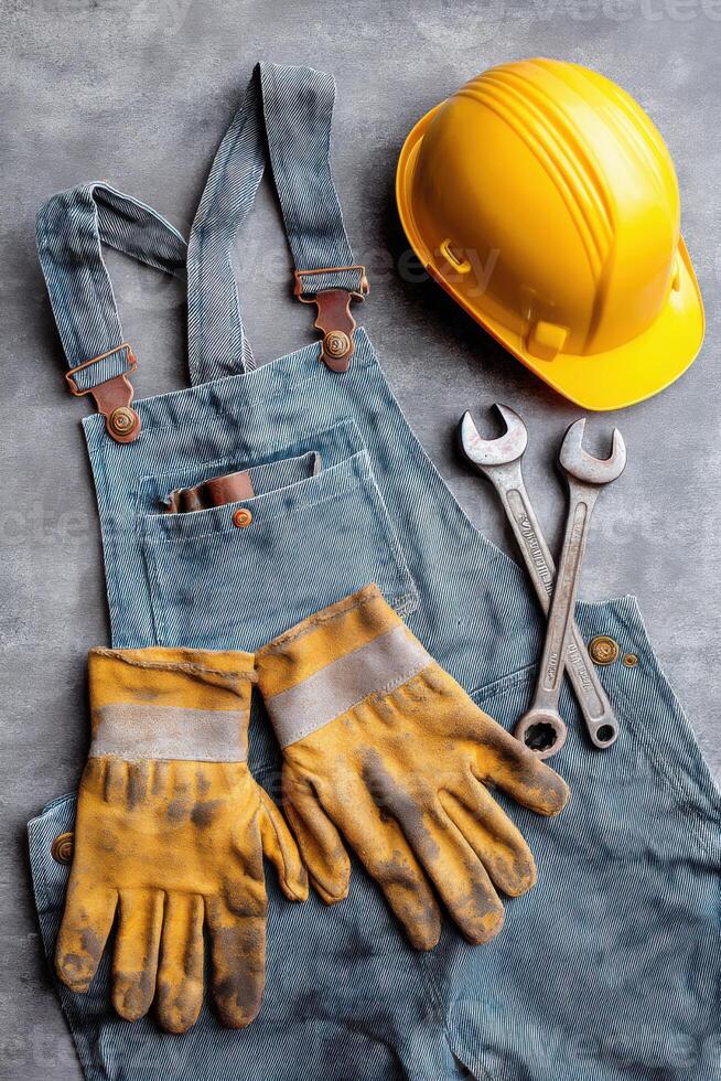 Work overalls, helmet, gloves and wrenches forming a flat lay composition on a gray background photo