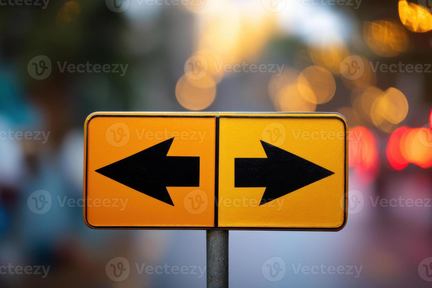 Directional road sign indicating left and right turns with blurred background of city lights and traffic, urban navigation concept photo