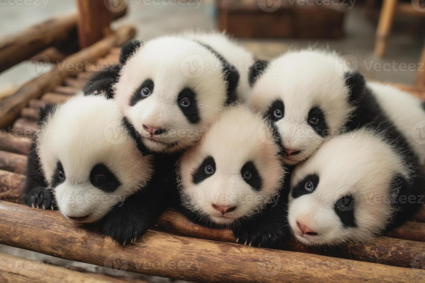 Group of adorable baby pandas resting together on a wooden platform photo