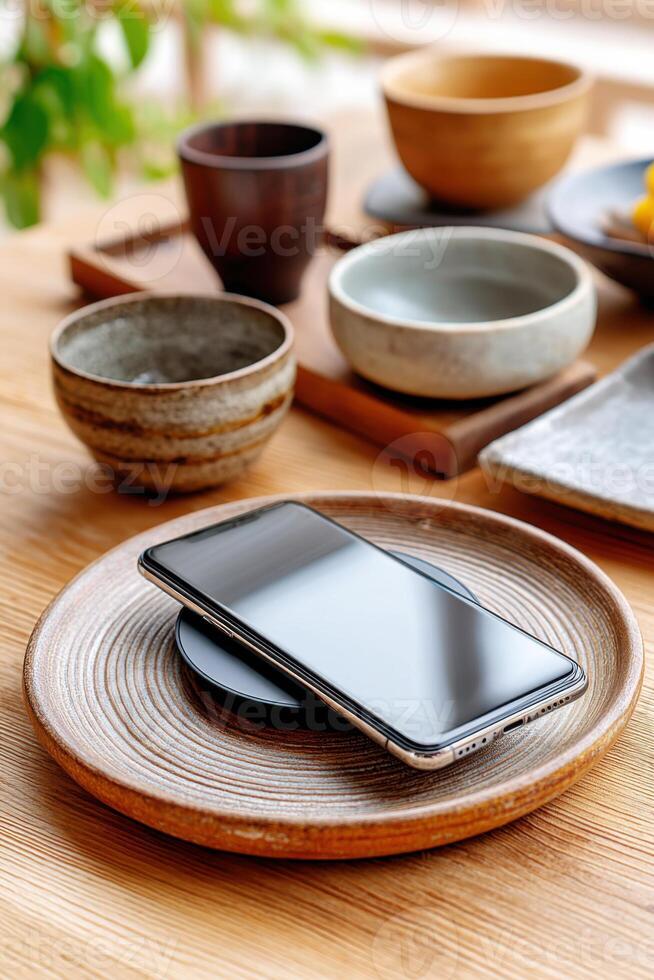 Smartphone charging wirelessly on wooden table with korean traditional tableware photo