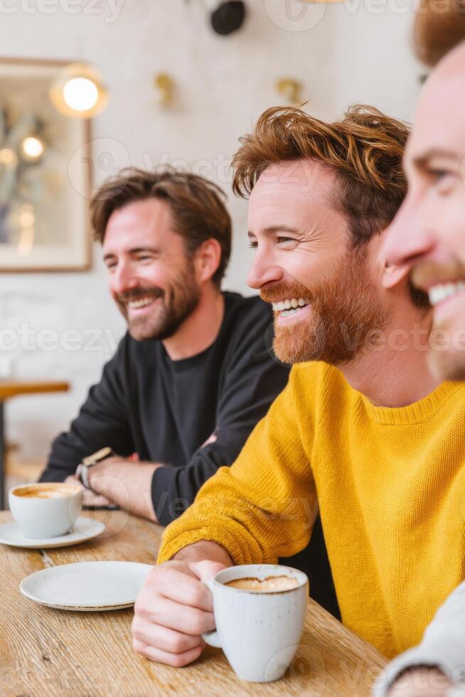 Group of male friends laughing and drinking coffee in cafe photo