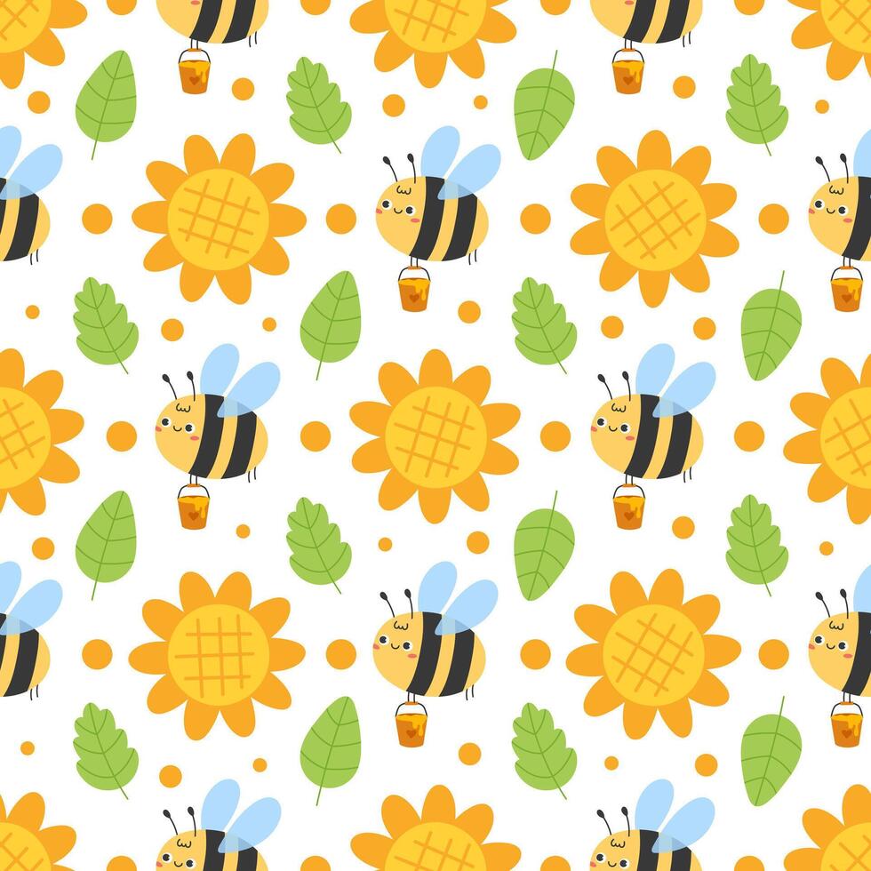 Cute seamless pattern with kawaii bees, sunflowers, green leaves and honey on white background. Hand drawn honeybee on flower meadow vector