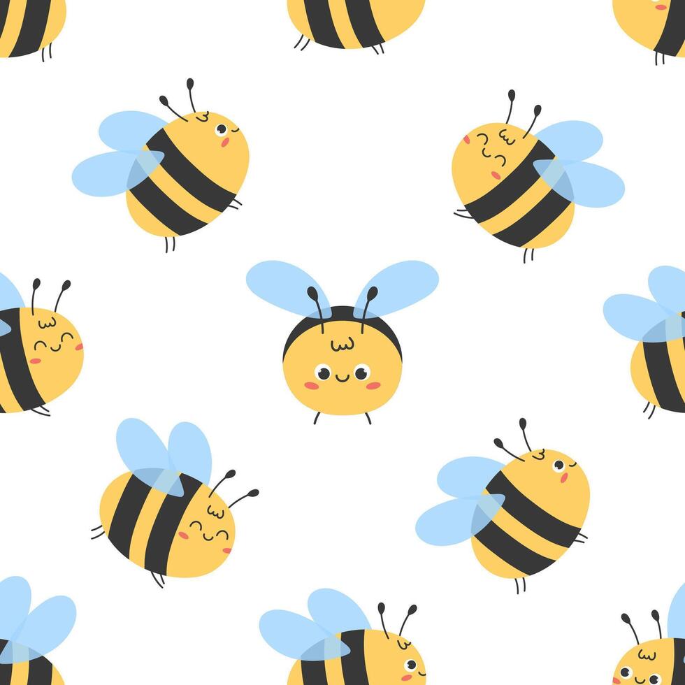 Seamless pattern with cute cartoon bees flying and smiling on white background. Hand drawn kawaii honeybee vector