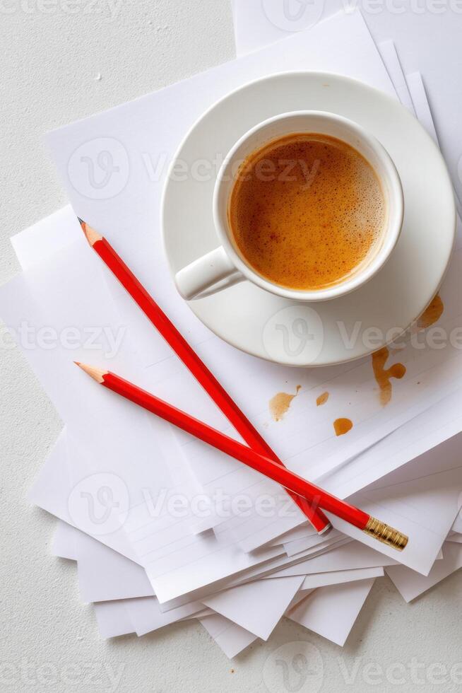 Coffee cup, red pencils and scattered sheets of paper suggesting creative writing process photo