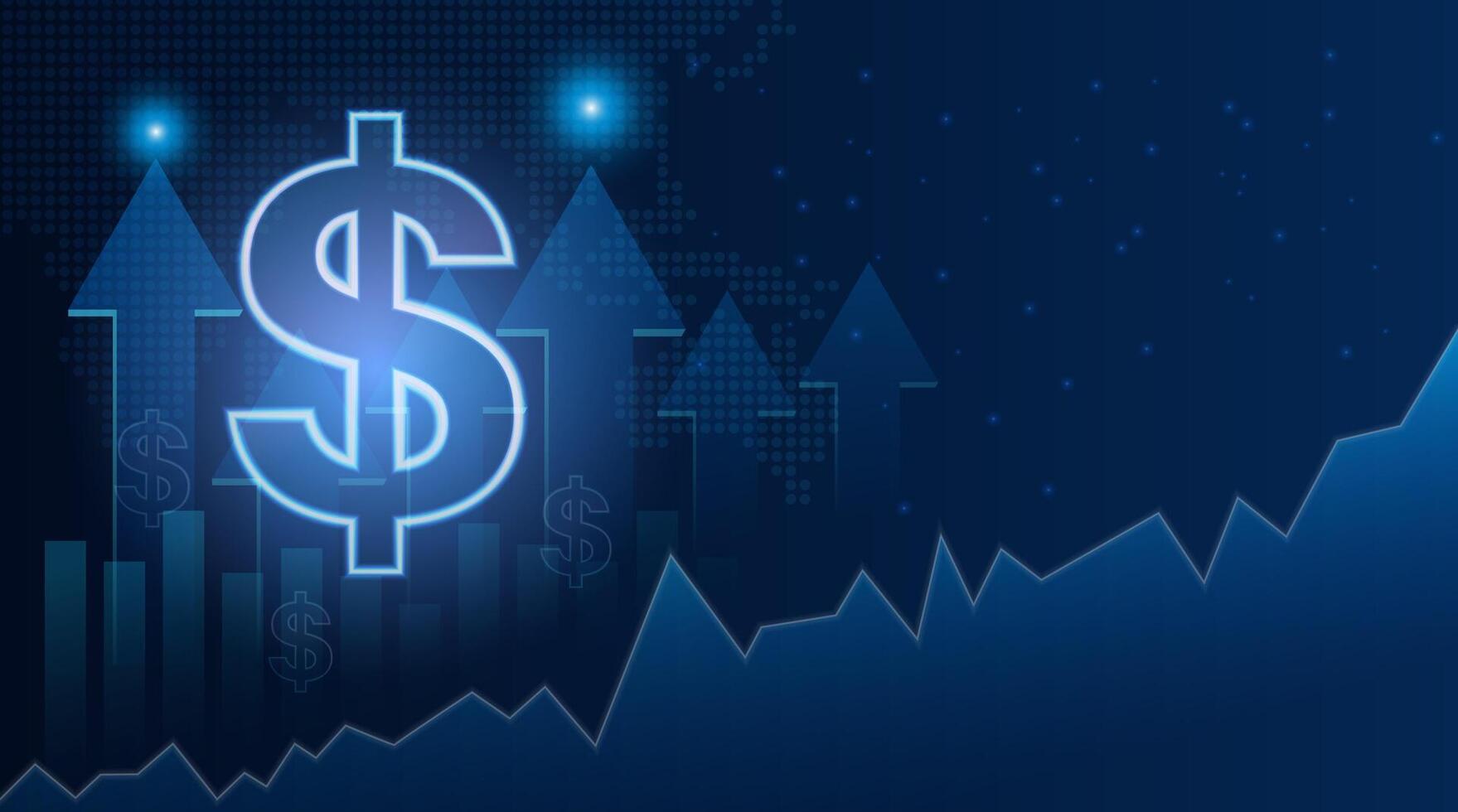 Abstract business background with a glowing dollar symbol and rising graphs. Technology futuristic design and upward financial trends concept. vector