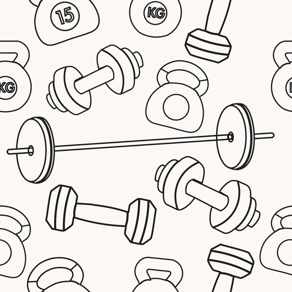 Seamless outline pattern of different dumbbells. Sport equipment vector