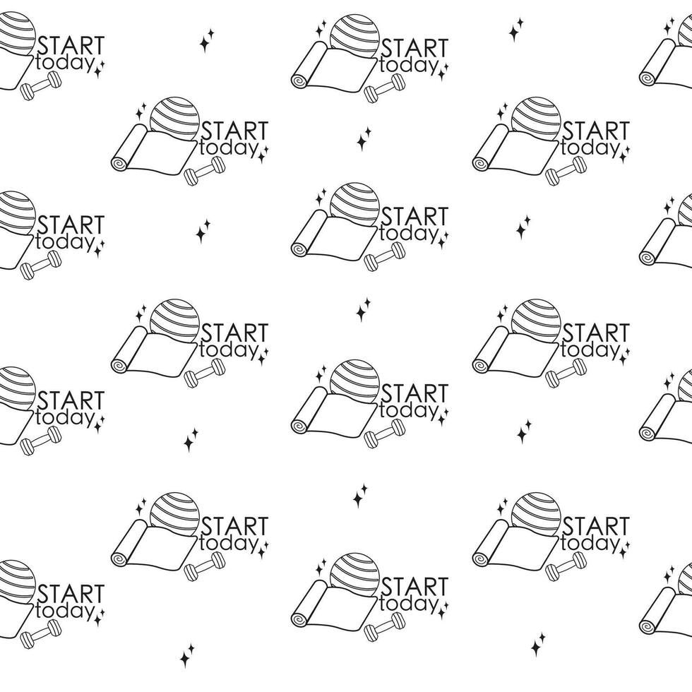 Seamless outline pattern with gym inventory elements with lettering vector