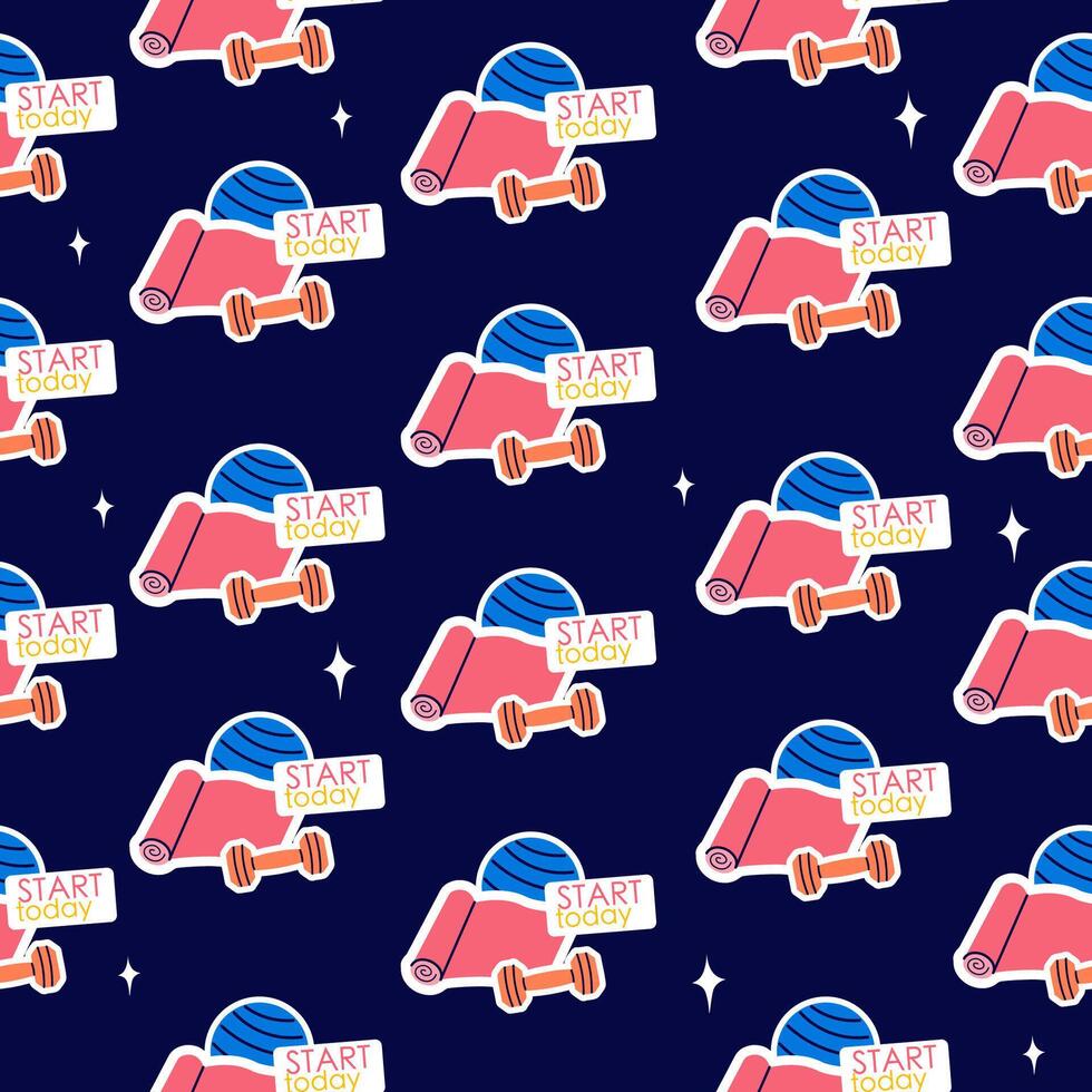 Seamless pattern stickers of fitness gym inventory elements with lettering vector