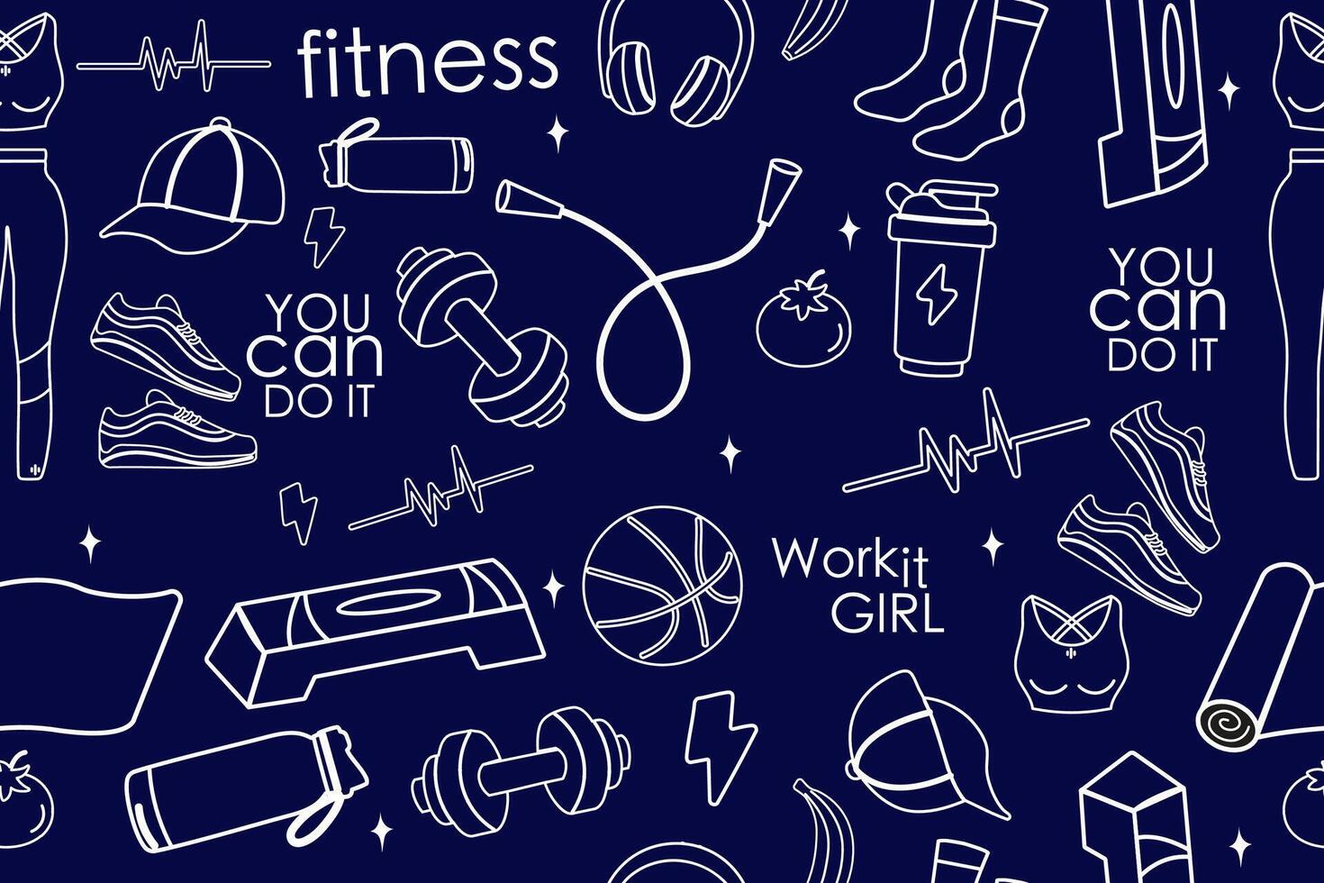 Seamless outline pattern of fitness gym inventory elements, equipment vector