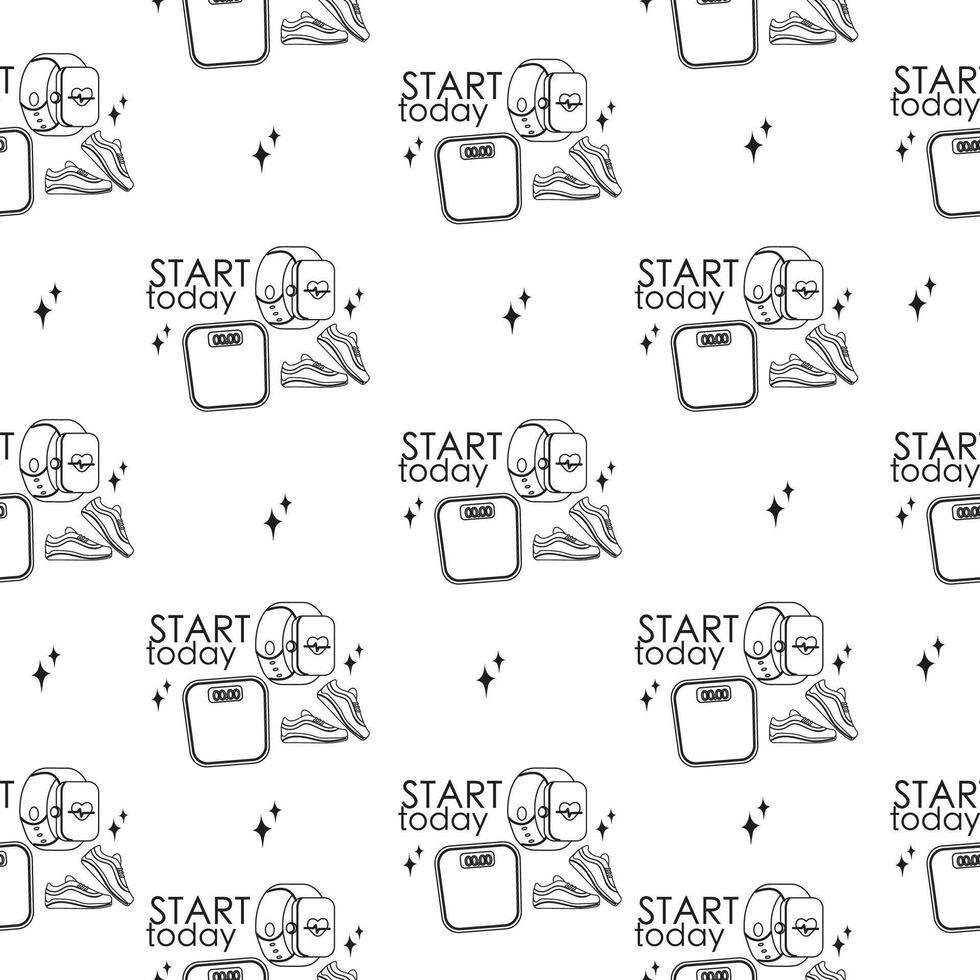 Seamless outline pattern with gym inventory elements and lettering vector