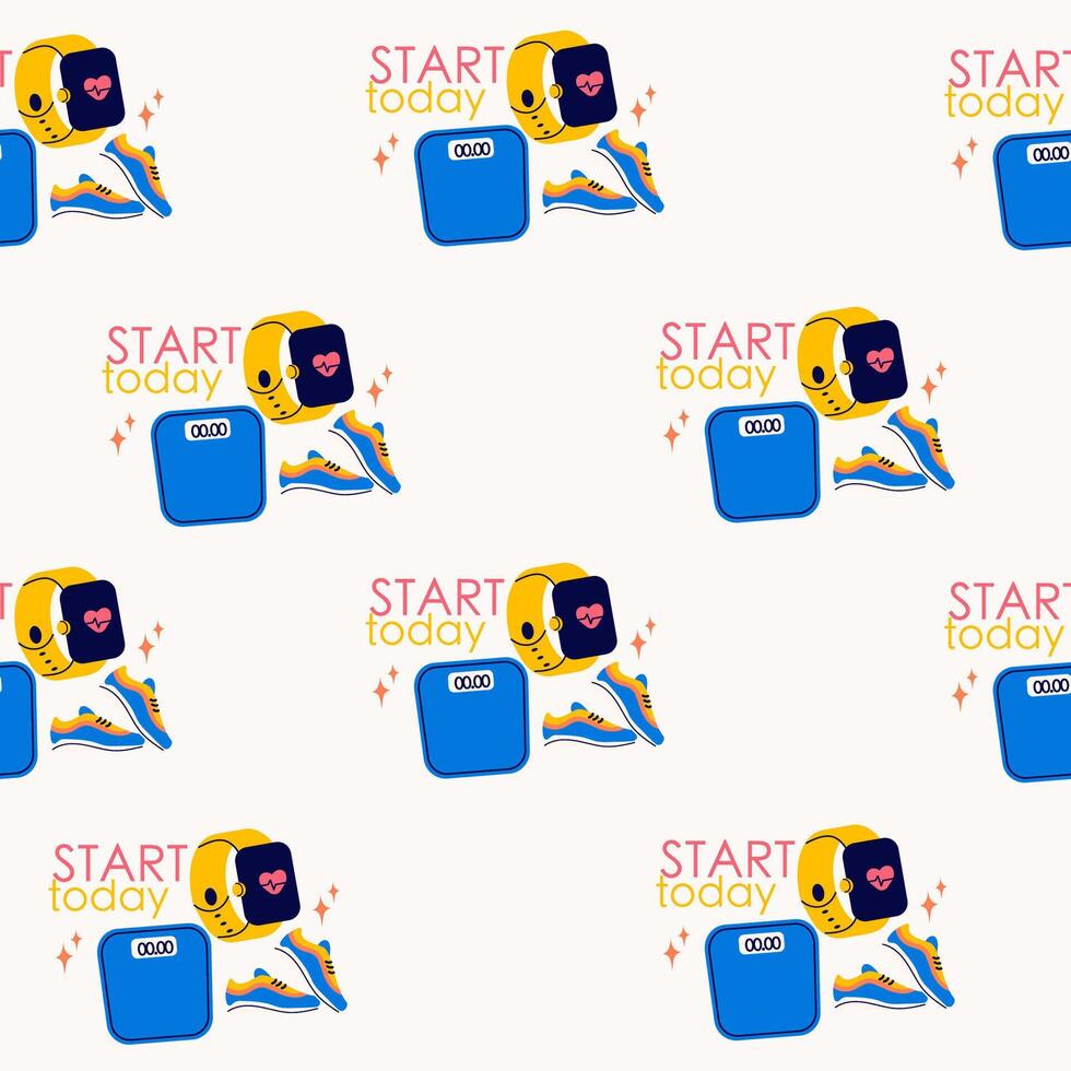 Seamless pattern with gym inventory elements and lettering vector