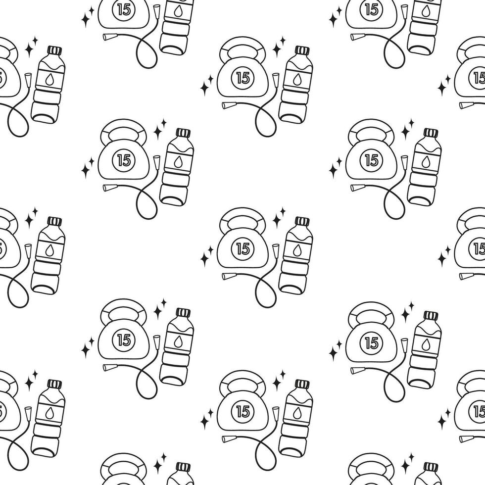 Seamless outline pattern with gym inventory elements vector