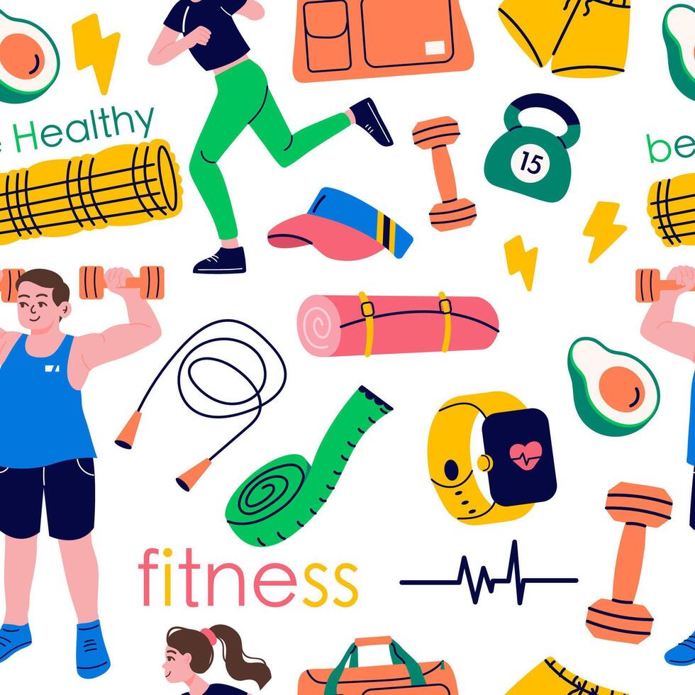 Seamless pattern of fitness gym inventory elements, people doing sports, sport equipment vector
