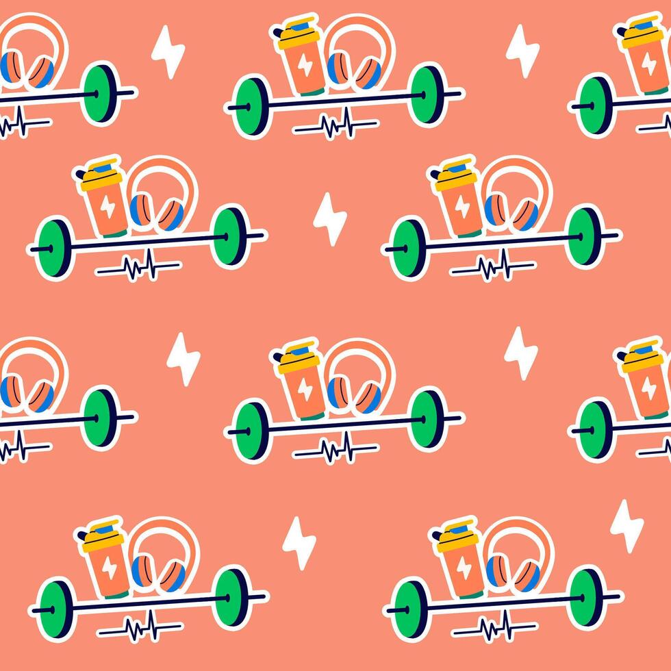 Seamless pattern stickers of fitness gym inventory elements vector