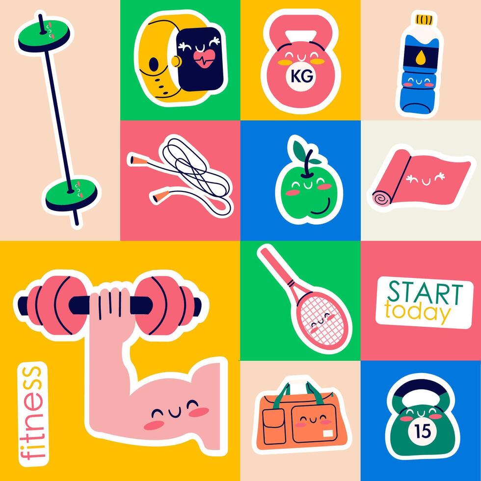Seamless pattern kawaii stickers of fitness gym inventory elements vector