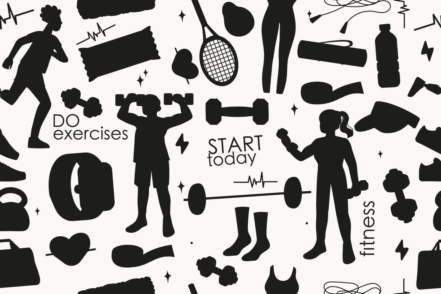 Seamless silhouette pattern of fitness gym inventory elements, people doing sports vector