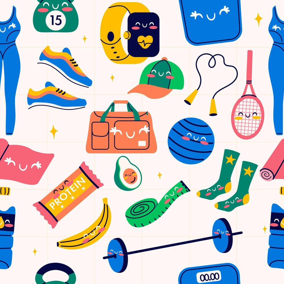 Seamless pattern kawaii of fitness gym inventory elements vector