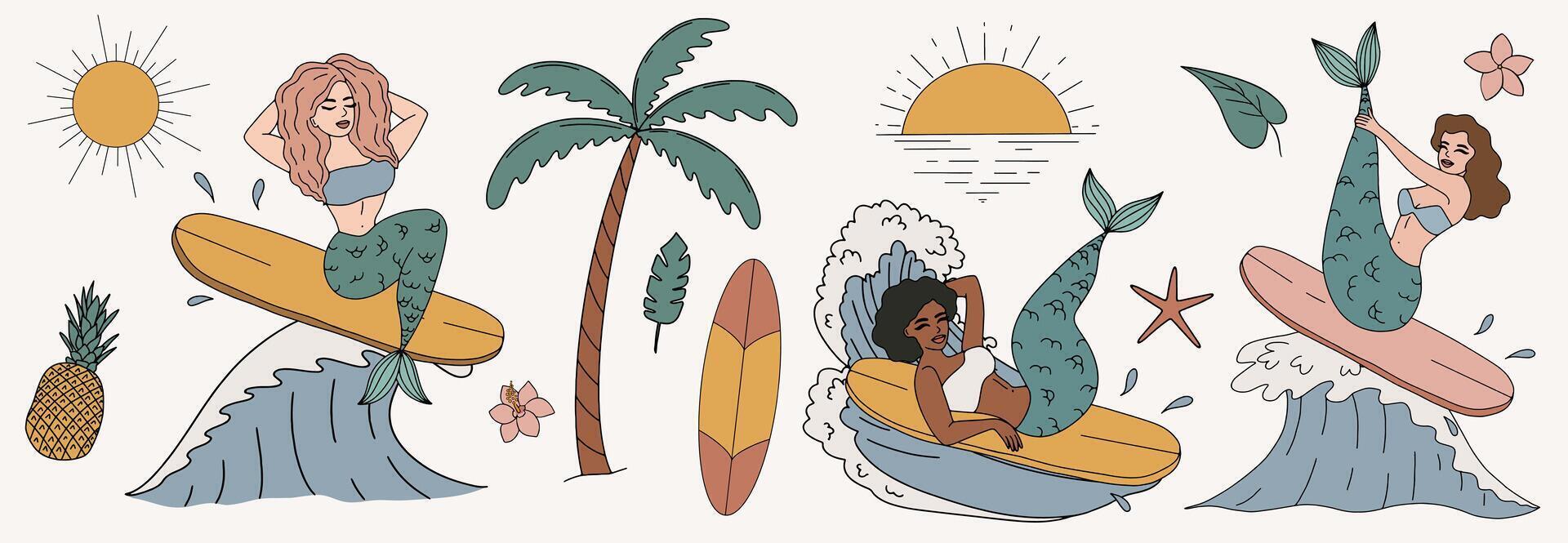 Cheerful mermaids surfing in cartoon retro style vector