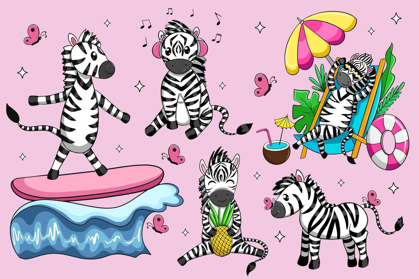 Cute Summer Beach Zebra print set vector