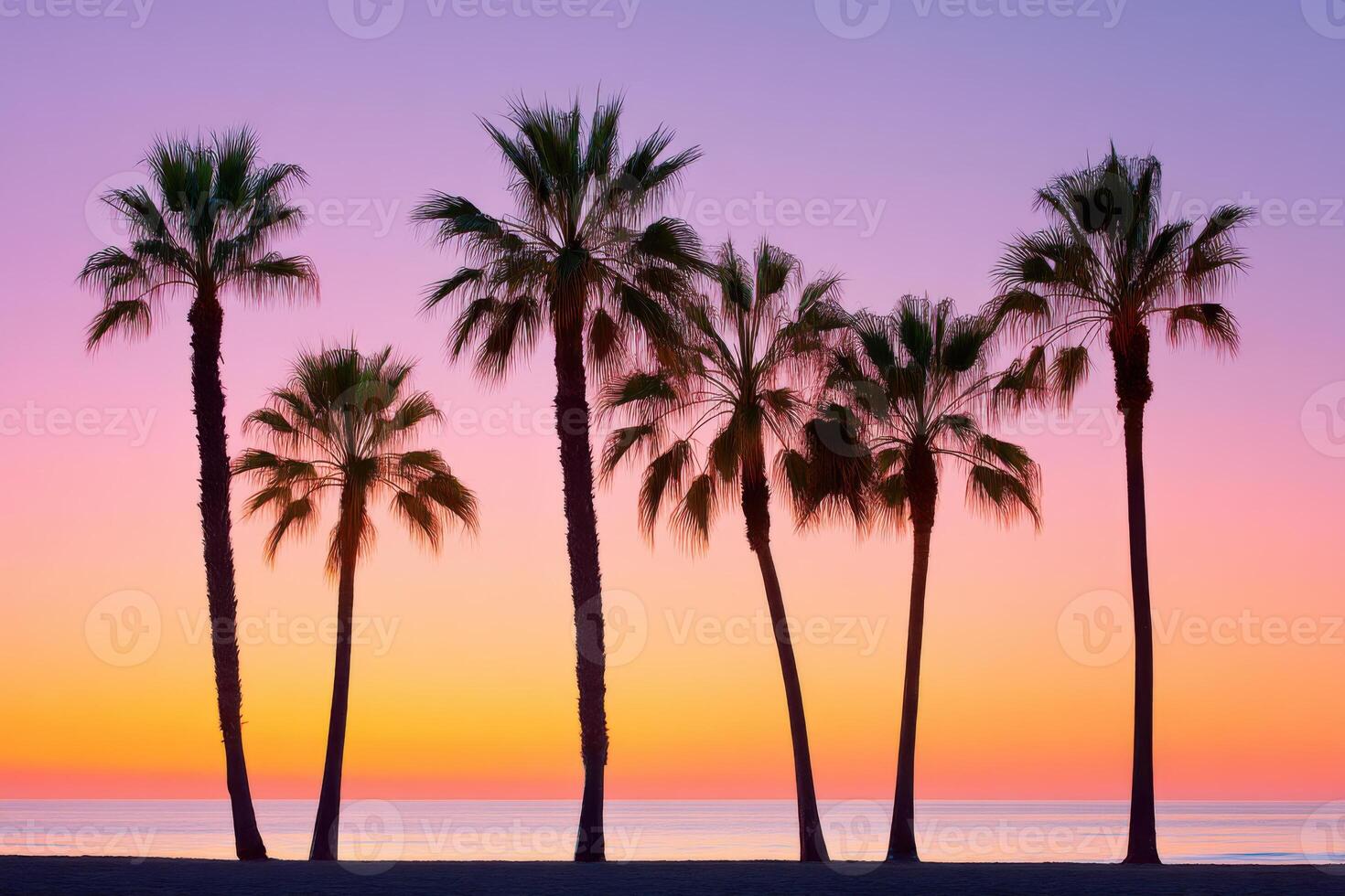 Palm trees silhouettes at sunset creating a colorful and relaxing seascape photo