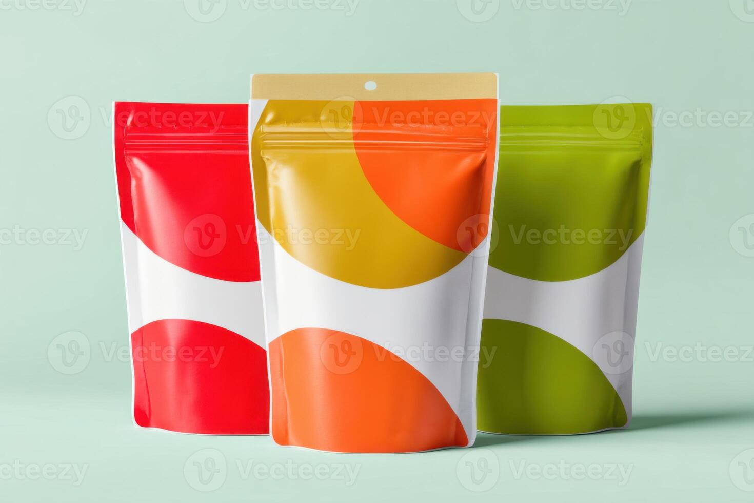 Colorful stand-up pouches displaying modern and vibrant designs photo