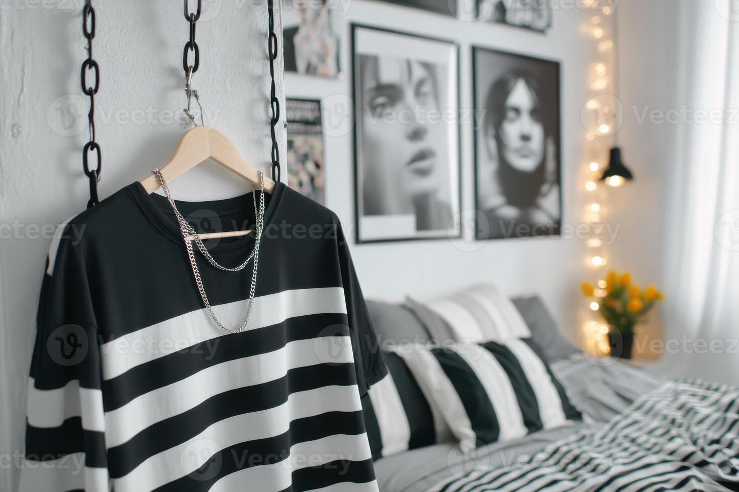 Black and white striped t-shirt hanging in a modern bedroom photo