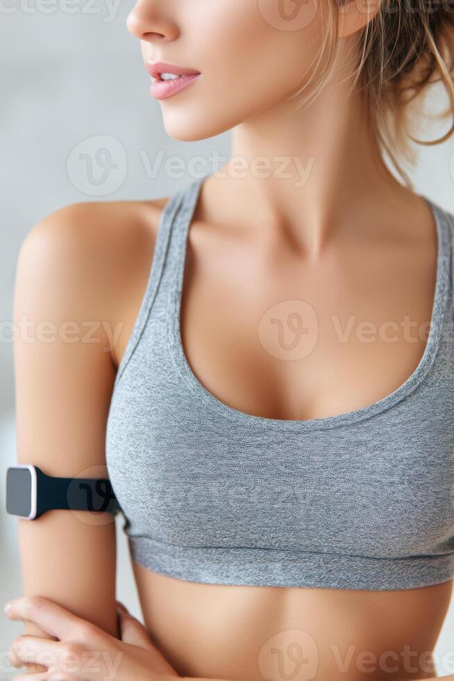 Fitness enthusiast wearing a gray sports bra with a fitness tracker on her arm, showcasing a healthy lifestyle and dedication to exercise and wellness concept photo