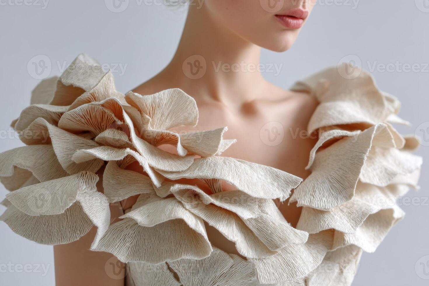 Elegant fashion design featuring a unique dress with mushroom-inspired ruffles, showcasing creativity and artistry in modern clothing, fashion concept photo