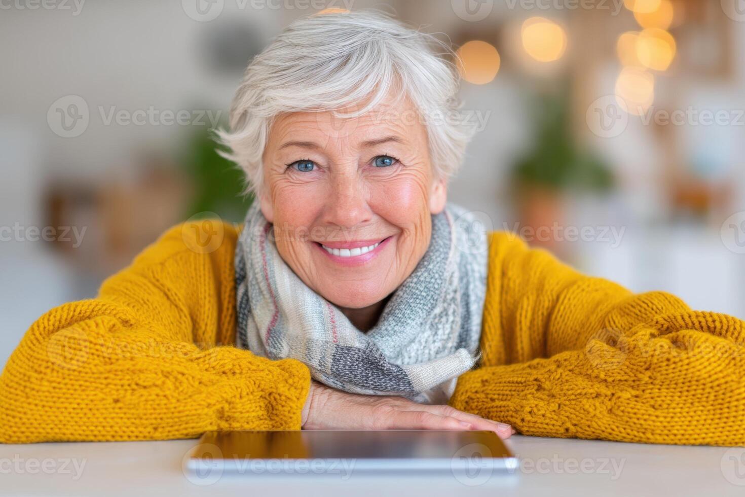Happy senior woman smiling during a call with tablet photo
