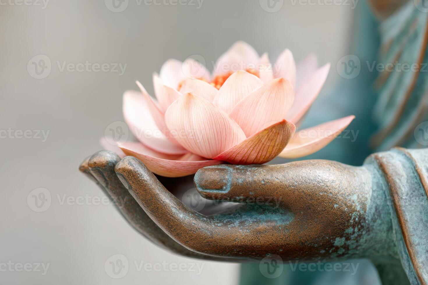 Bronze statue holding a delicate pink lotus flower in open hands photo