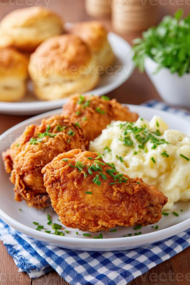 Crispy fried chicken served with creamy mashed potatoes and fluffy biscuits on a rustic wooden table delicious comfort food meal healthy eating concept photo