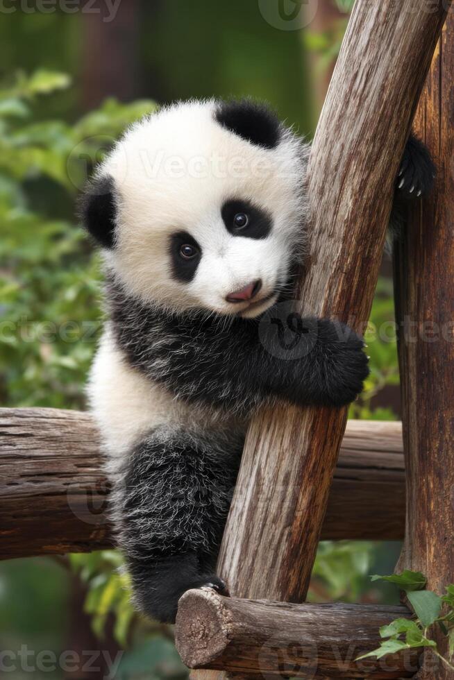 Playful baby panda climbing a wooden structure photo