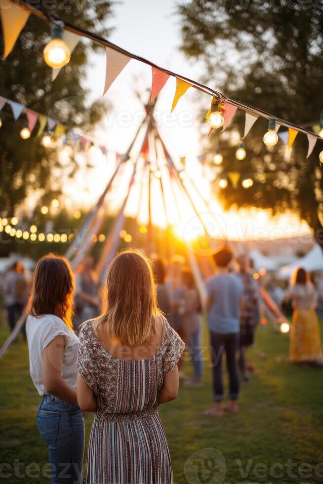 Women attending midsummer party at sunset with maypole and string lights photo