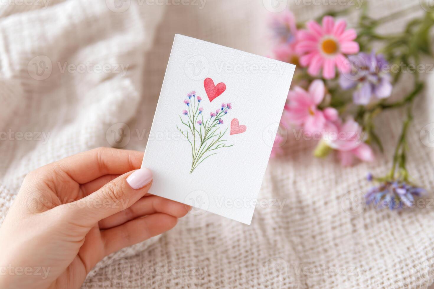 Woman holding romantic handmade greeting card with flowers and hearts photo