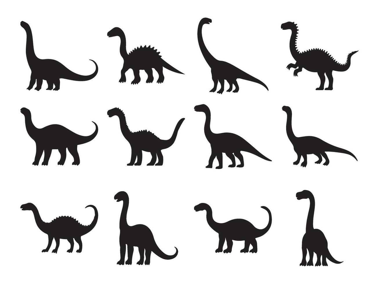 Set of long necked dinosaur silhouette vector