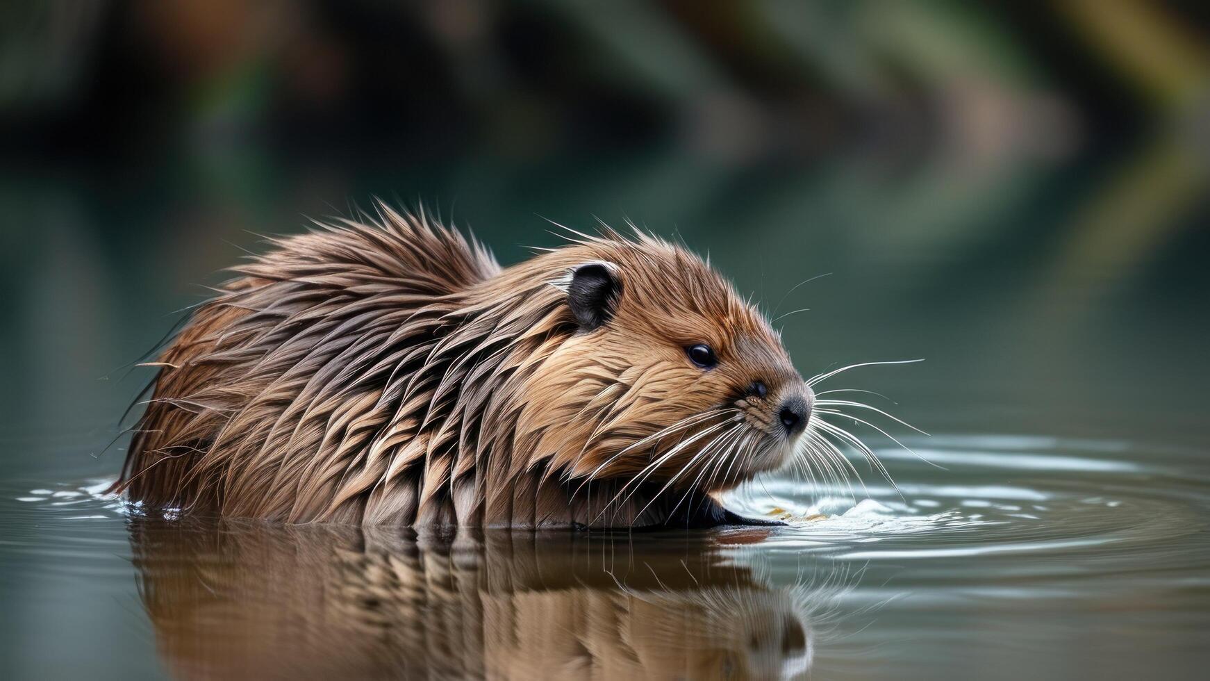 A Beaver Swims In the Water, Its Fur Glistening, Surrounded by Gentle Ripples photo