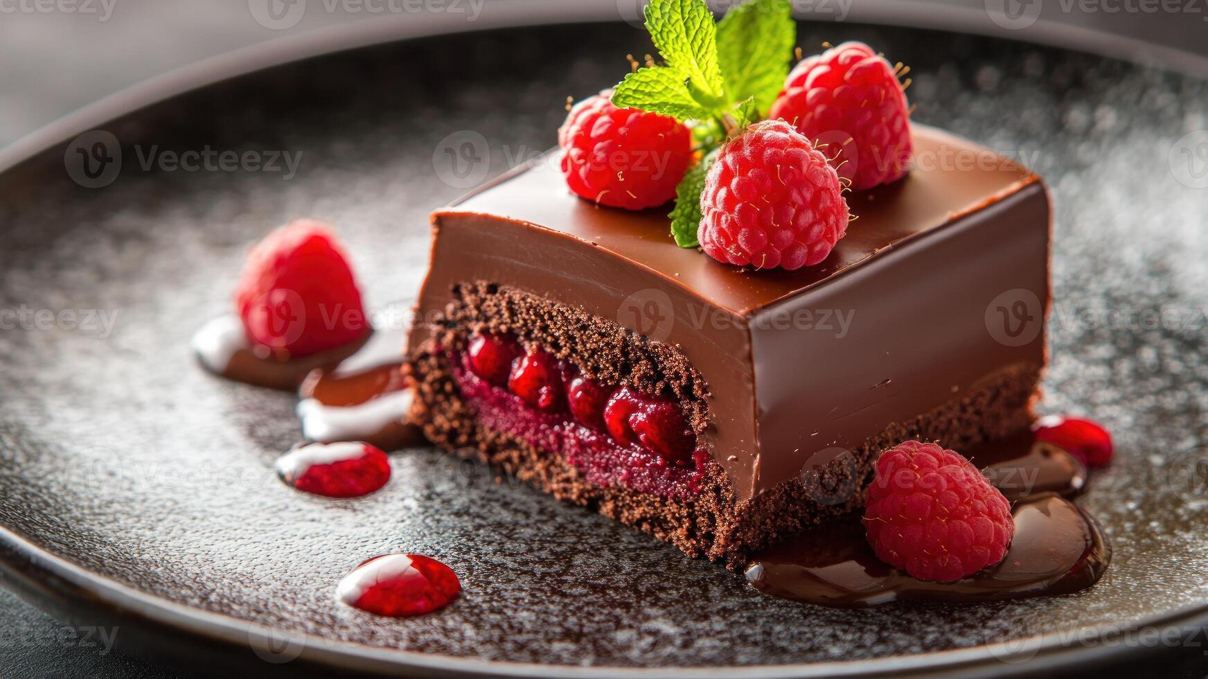 Delicious Chocolate Cake With Raspberries and Mint on a Decorative Plate photo