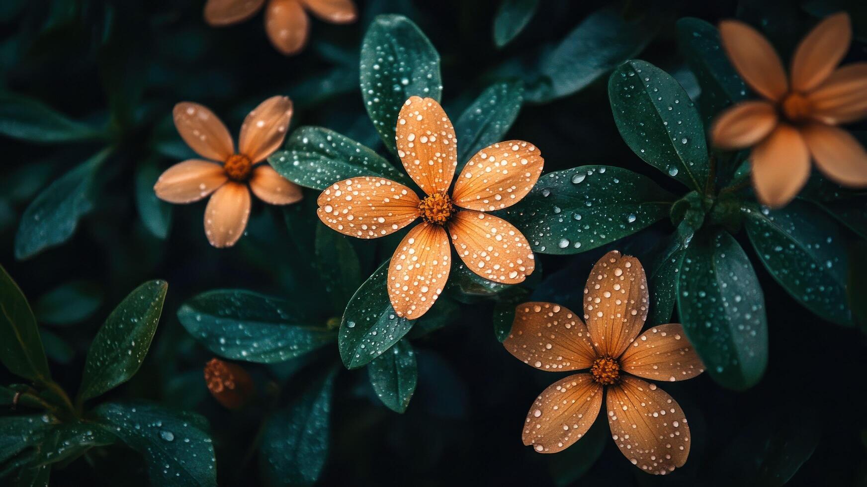 Close Up of Orange Flowers and Green Leaves Covered In Fresh Water Droplets photo
