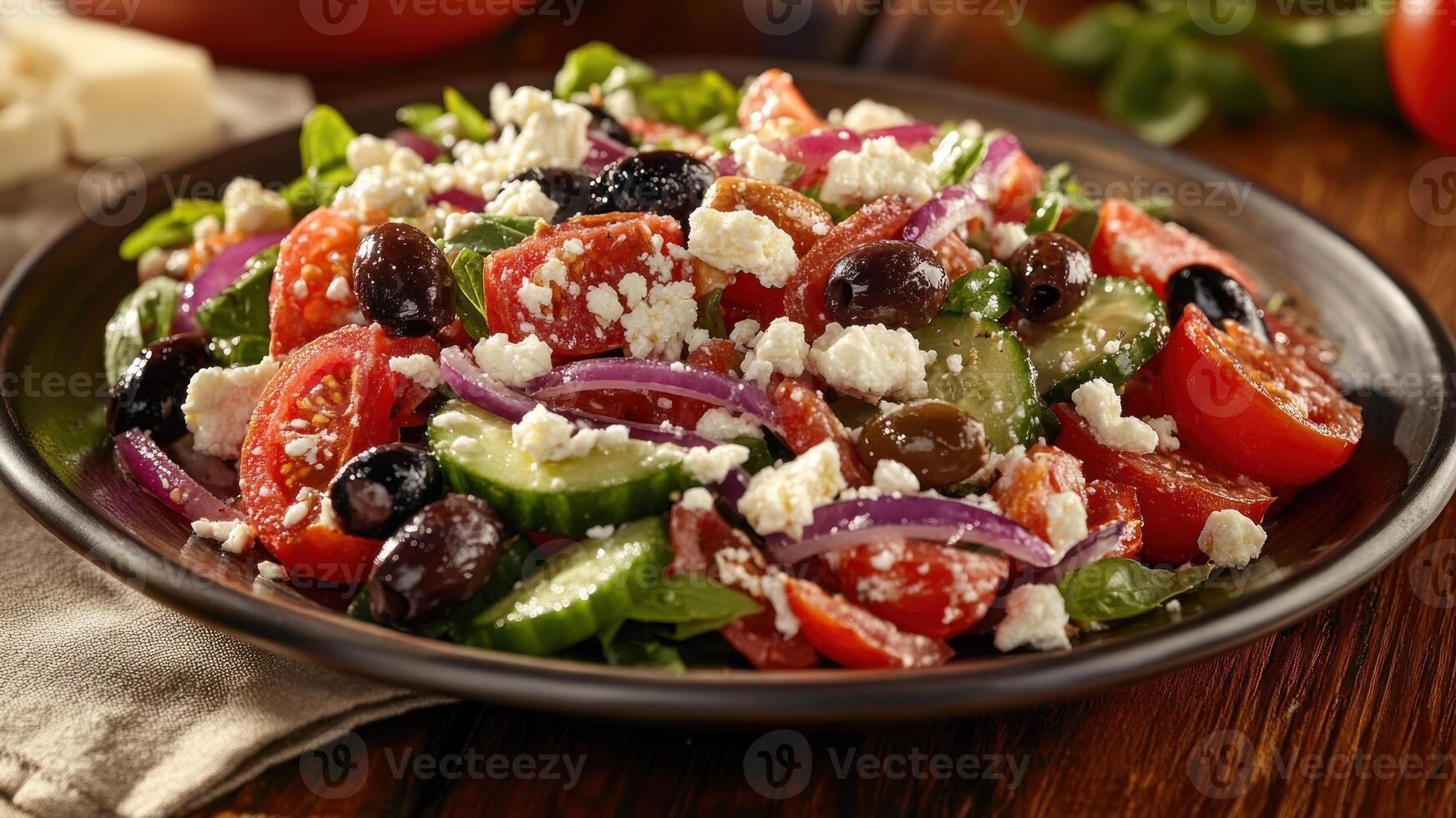 A Vibrant Greek Salad With Feta Cheese, Olives, and Fresh Vegetables on a Plate photo