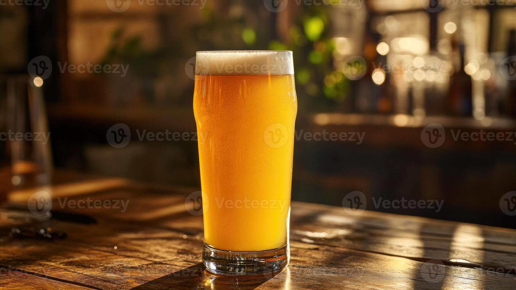 A Refreshing Pint of Golden Beer Sits on a Wooden Bar Under Warm Sunlight photo