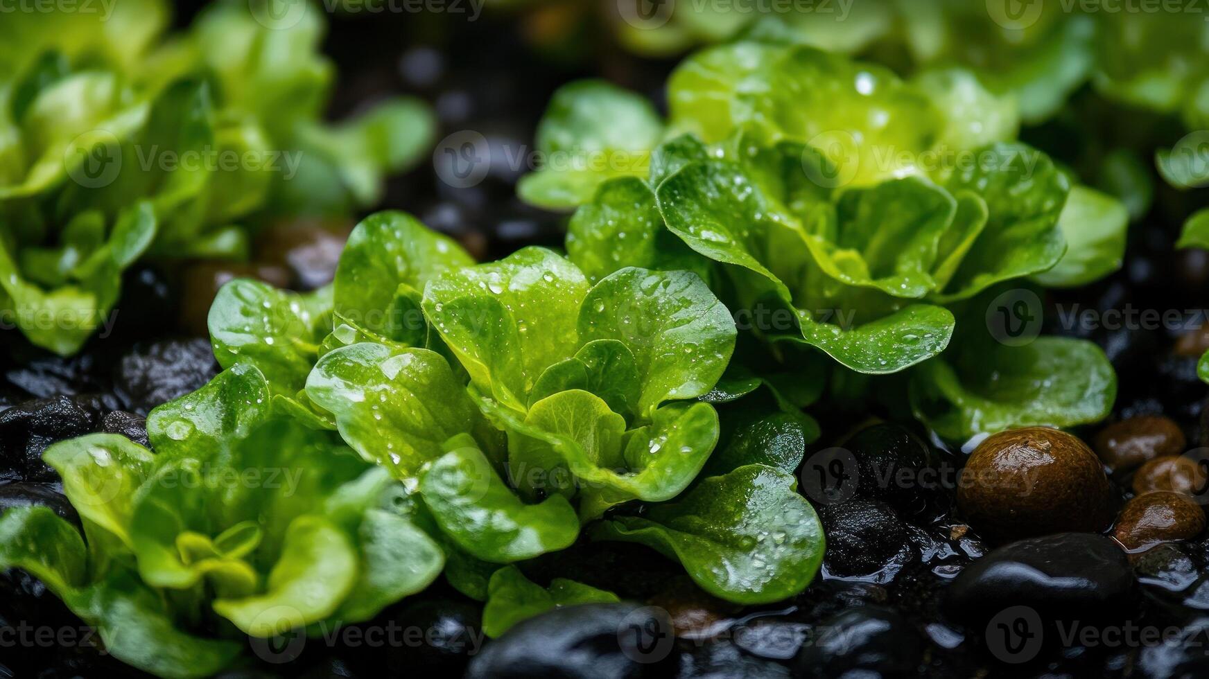 Fresh Green Lettuce Plants With Water Droplets Sit on Dark, Wet Pebbles photo