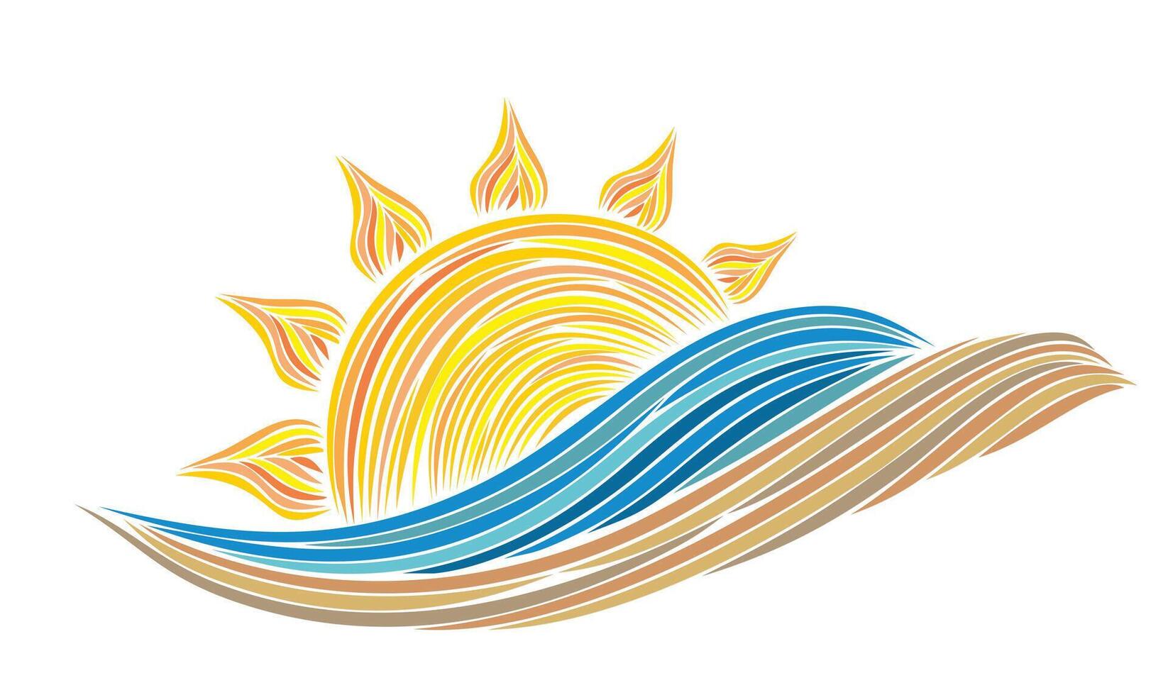 A sun logo with the blue sea and the sandy beach. vector