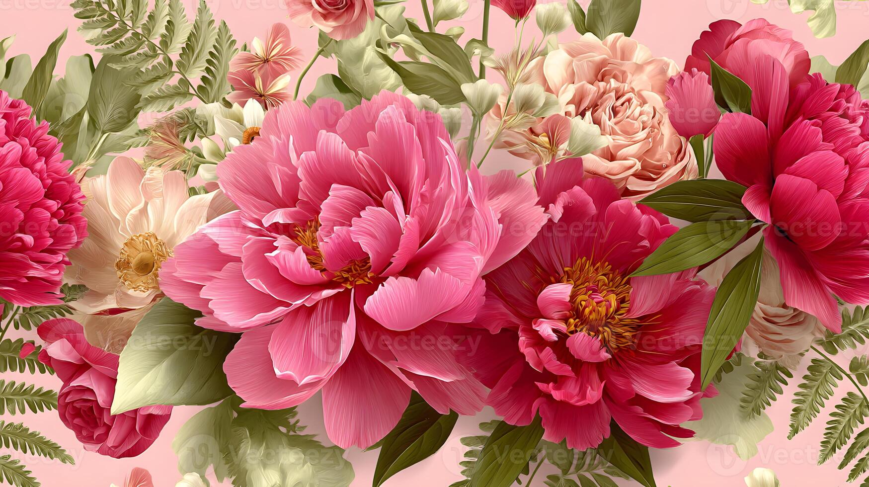 Stunning pink peonies and roses interspersed with green ferns against a soft pastel pink background. photo