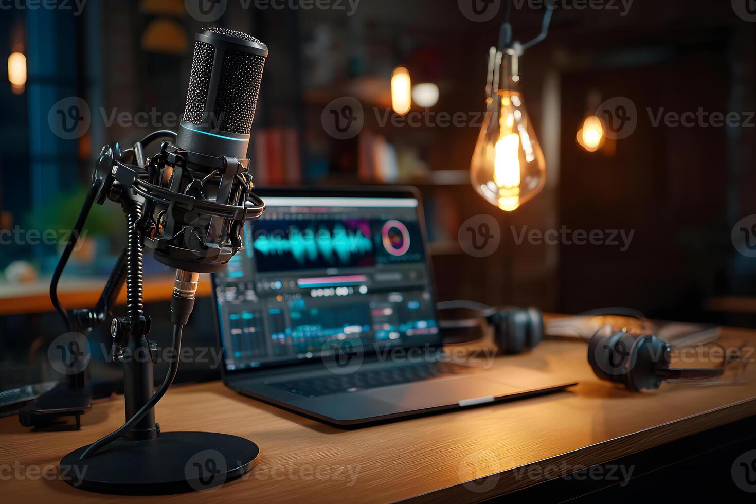 Professional podcasting microphone mounted on adjustable arm in a modern workspace. photo