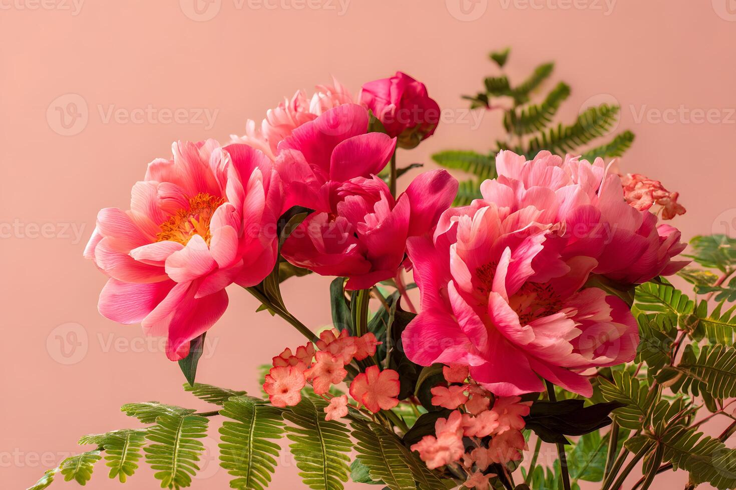Cheerful bright pink flowers, including peonies and roses, intertwined with green ferns set against a soft pastel pink background. photo