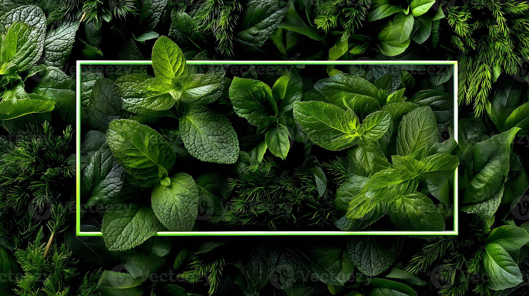 A vibrant collection of lush green leaves framed by a bold neon green rectangle, perfect for summer promotions. photo